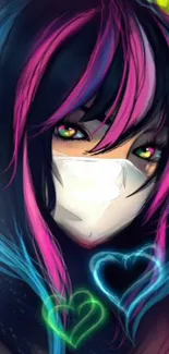 Anime art wallpaper with neon colors and a masked character.