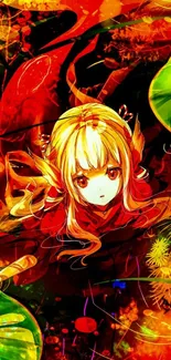 Anime character amidst vibrant red foliage and mystical plants.