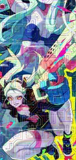 Vibrant anime art with dynamic characters and colorful digital patterns.