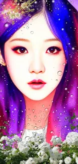 Vibrant anime portrait with bubbles and flowers.