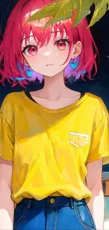 Anime girl with red hair and a yellow shirt against a dark background.