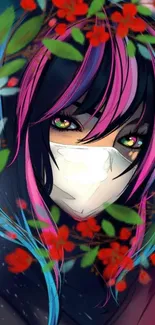 Anime wallpaper with a masked character, pink hair, and vibrant floral accents.