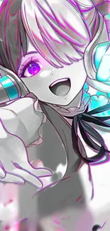 Vibrant anime girl with headphones and magenta highlights.