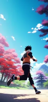 Anime character runs through vibrant autumn trees under a bright blue sky.