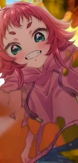 Anime character with pink hair in an autumn setting, surrounded by colorful leaves.