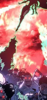 Vibrant anime battle scene with reds and greens, intense action illustration.