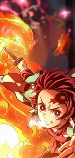 Anime character wielding sword in fiery, dynamic action scene.