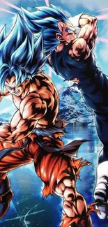 Anime fight scene with vibrant blue and orange elements.