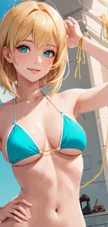 Anime character in turquoise bikini with beach backdrop.