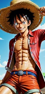 Vibrant anime character at the beach with straw hat.