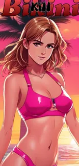 Anime character in pink bikini at sunset beach scene.