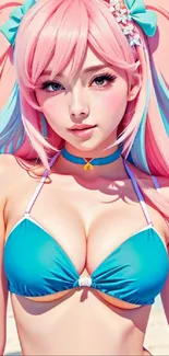 Anime girl with pink hair at the beach in blue bikini.