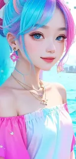 Anime character at beach with vibrant colors and ocean backdrop.