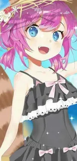 Anime girl with pink hair on sunny beach.