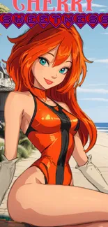 Anime girl with orange hair on a sunny beach.