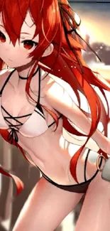 Red-haired anime character at the beach in a stylish swimsuit.