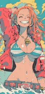 Vibrant anime character in a beach scene, orange hair and red jacket on turquoise background.