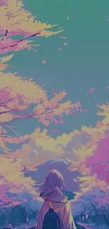 Anime wallpaper with cherry blossoms under a green-blue sky.