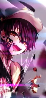 Anime boy with purple hues smiling in vibrant wallpaper.