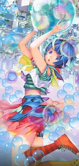 Vibrant anime character amidst colorful bubbles and cityscape.