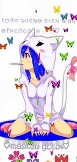 Anime character with butterflies on a white background.