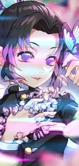 Anime character with butterflies and purple hues.