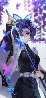 Anime character with butterflies and sword in vivid colors.