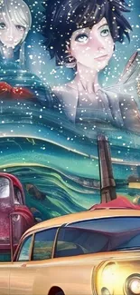 Anime fantasy wallpaper with colorful cars and characters in a dynamic scene.