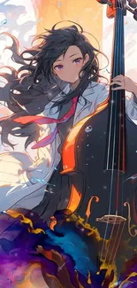 Anime cellist in vibrant colors playing a musical piece with artistic flair.