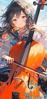 Anime girl playing cello with colorful background.