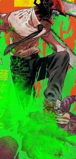 Dynamic anime chainsaw character with vibrant green accents.