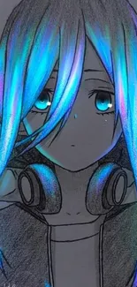 Anime character with electric blue hair and expressive eyes in a vibrant illustration.