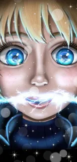 Vibrant anime character with blue eyes and electric effects.