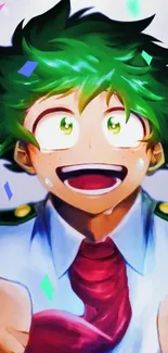 Anime character with green hair, vibrant expression.