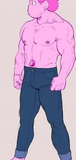 Anime character with pink skin and blue jeans in stylish pose.