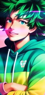 Vibrant anime character with green hair and hoodie, colorful art.