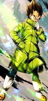 Anime character in vibrant lime green coat with dynamic background.