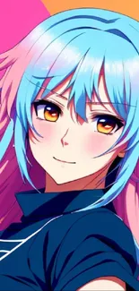 Anime character with colorful blue and pink hair against a vibrant background.