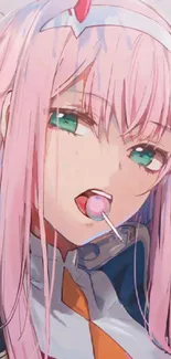 Vibrant anime character with pink hair and lollipop.