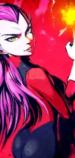 Vibrant anime character with pink hair and fiery background.