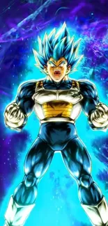 Anime character with electric blue hair surrounded by energy.