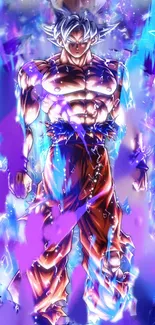 Anime character with vibrant blue energy aura and bold colors.