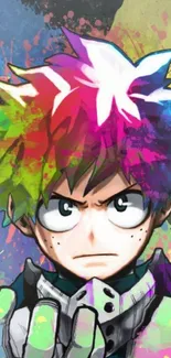 Vibrant anime character with colorful hair and dynamic background.