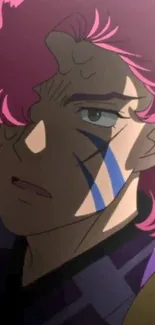 Vibrant anime character with pink hair and striped markings.