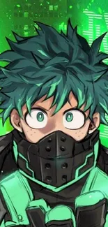 Anime character in green futuristic attire on vibrant background.