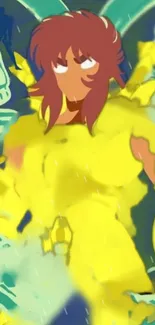 Anime character in vibrant yellow armor with blue and green accents.