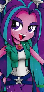 Anime character with vibrant purple and teal hair in a colorful pose.