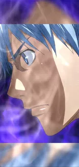 Vibrant anime character with blue hair and purple background.