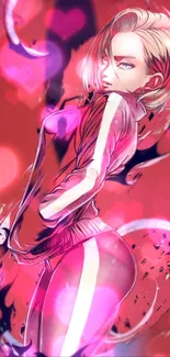 Vibrant anime character art with pink and red hues creating a dynamic design.