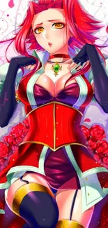 Vibrant anime character with red dress and roses.